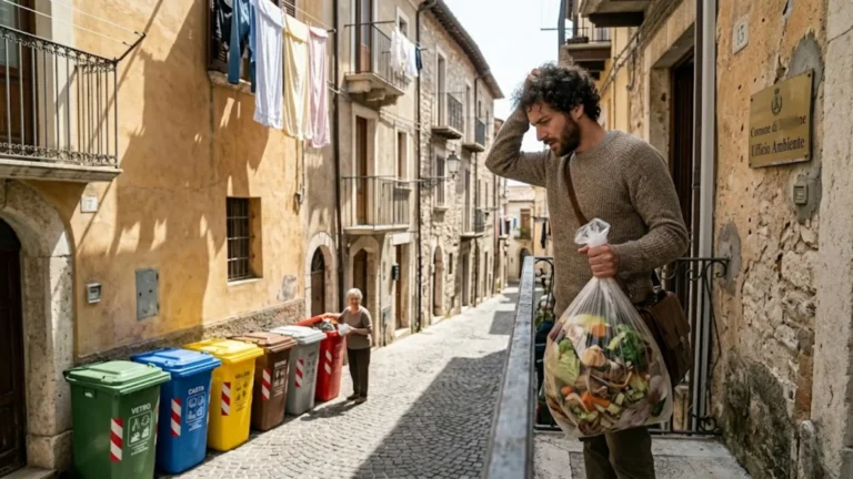 Junger Expat, der in Abruzzo mit der komplizierten Anmeldung der italienischen Müllgebühren (TARI) überfordert ist.