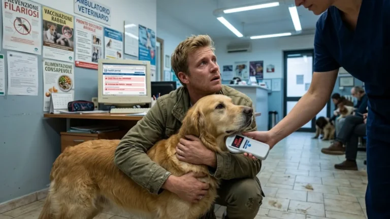 Young expat at the Italian local vet with his dog which has not been properly registered at the ASL in Abruzzo