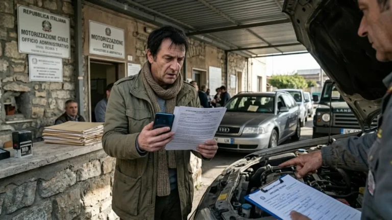 Middle-age expat male feeling overwhelmed by the bureaucratic hurdle of registering a foreign car in Italy