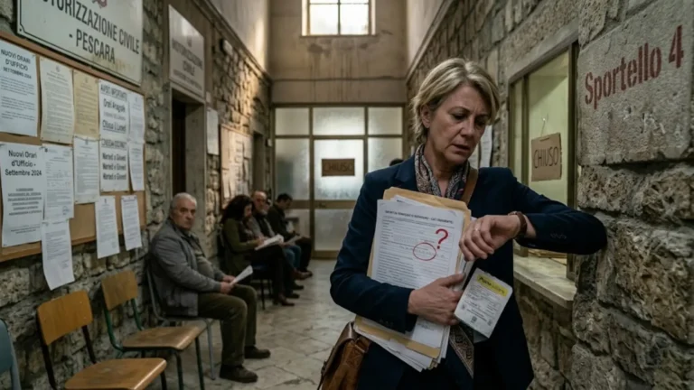 Middle-age expat woman waiting while her foreign car is being registered at the motorizzazione civile Abruzzo