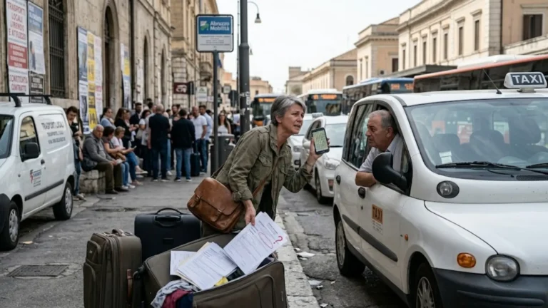 Middle-age expat woman trying to explain in Italian where to go at her arrival at Pescara Airport