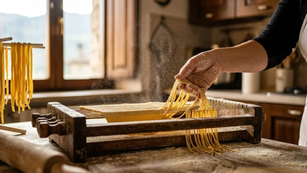 Typical pasta dish from Abruzzo Italy called maccheroni alla chitarra