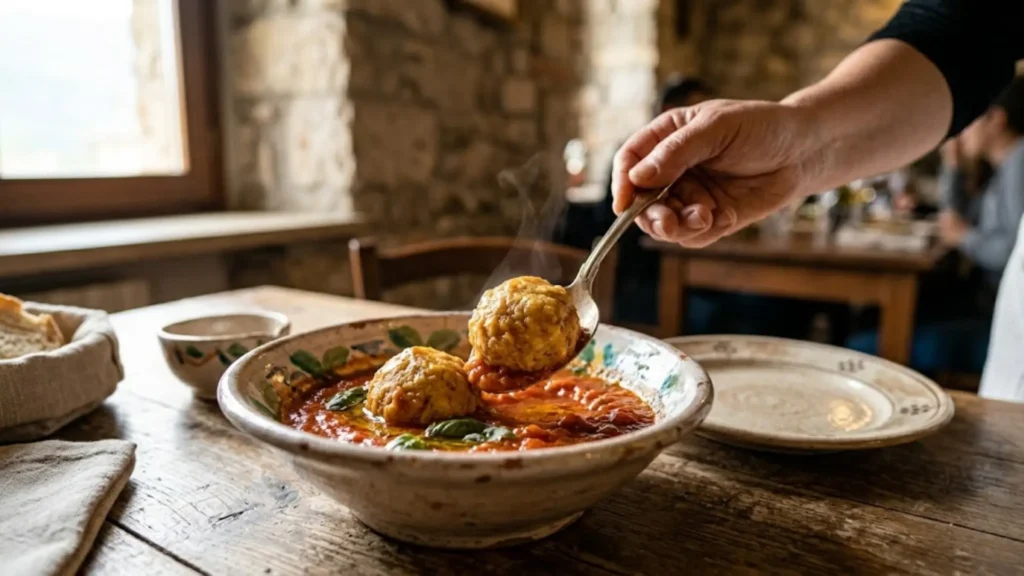 Typical dish from Abruzzo Italy called pallotte cacio e ova similar to meatballs