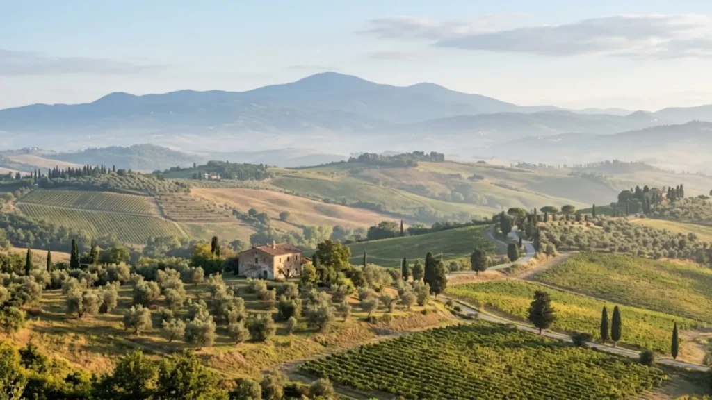 Rolling green hills and mountains of central Italy, representing the landscape shared by Abruzzo and its neighboring regions
