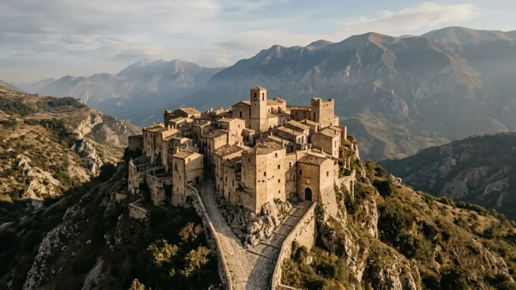 Historic stone hill town in Abruzzo, Italy, representing the region's ancient roots and naming history