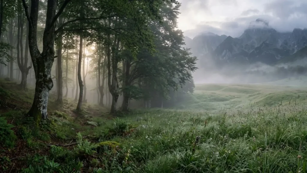 Misty beech forest and mountain meadow in Abruzzo National Park, Italy, habitat of the Marsican brown bear