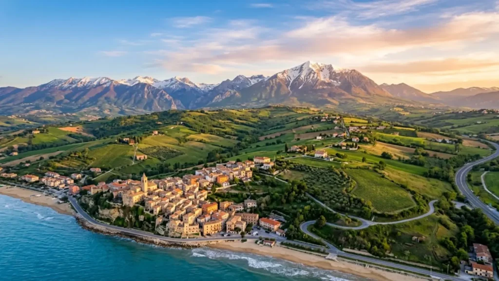 Aerial view of Abruzzo's coastline and Apennine Mountains meeting near Pescara, Italy