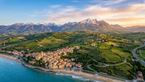 Aerial view of Abruzzo's coastline and Apennine Mountains meeting near Pescara, Italy