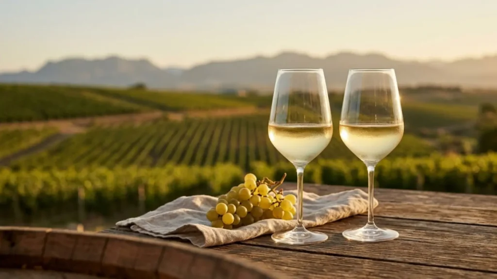 Glasses of white wine on a rustic wooden table overlooking Abruzzo vineyards at sunset