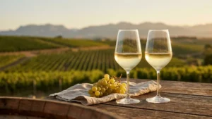 Glasses of white wine on a rustic wooden table overlooking Abruzzo vineyards at sunset