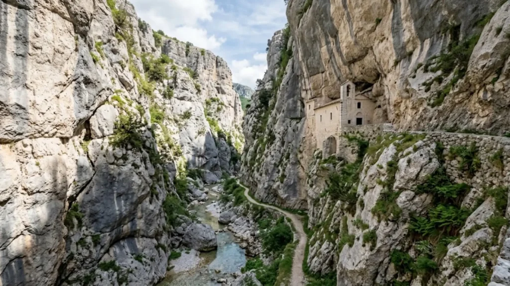 Dramatic limestone gorge and rock hermitage in Majella National Park, Abruzzo, Italy
