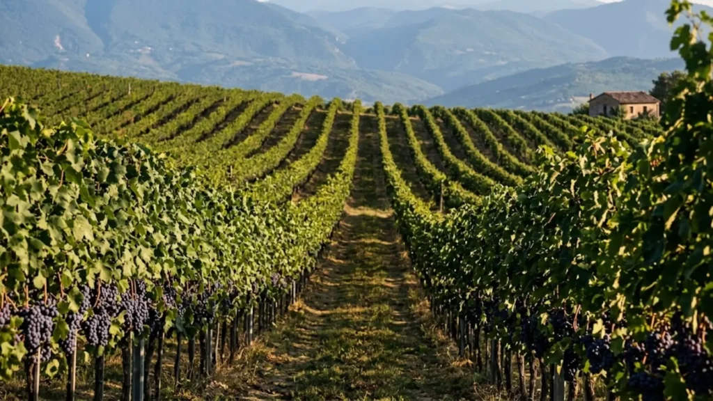Rolling vineyard rows in Abruzzo, Italy, growing the Montepulciano grape used for Montepulciano d'Abruzzo wine