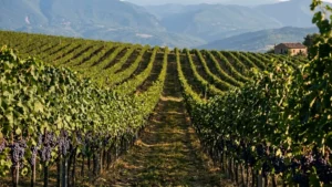 Rolling vineyard rows in Abruzzo, Italy, growing the Montepulciano grape used for Montepulciano d'Abruzzo wine