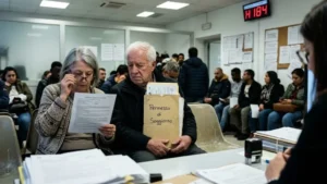 A non-EU couple of retirees requesting the permesso di soggiorno at a post office counter in Italy