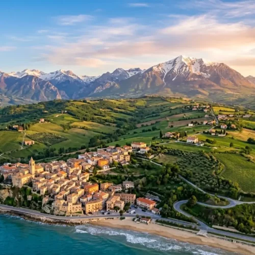 Aerial view of Abruzzo's coastline and Apennine Mountains meeting near Pescara, Italy