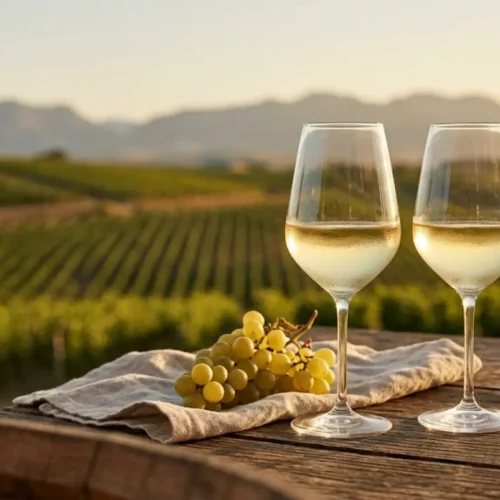 Glasses of white wine on a rustic wooden table overlooking Abruzzo vineyards at sunset