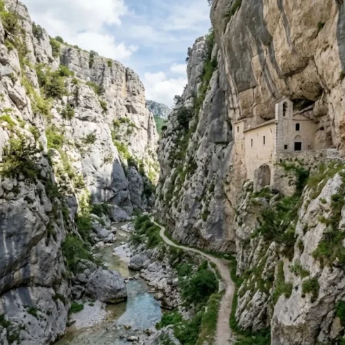 Dramatic limestone gorge and rock hermitage in Majella National Park, Abruzzo, Italy