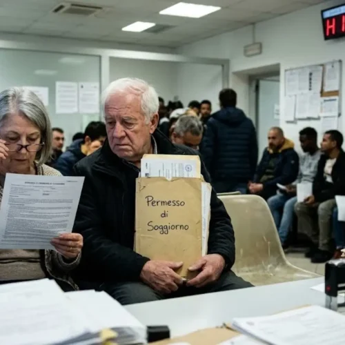 A non-EU couple of retirees requesting the permesso di soggiorno at a post office counter in Italy